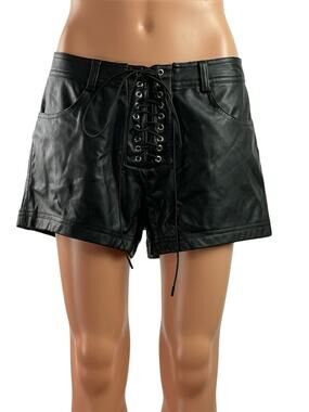 Forever 21 Women's Black Faux Vegan Leather Lace Up Mini Wide Leg Short Size L
